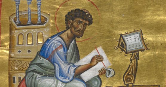 An illustration from a medieval manuscript showing a man writing on paper, with gold leaf around him.