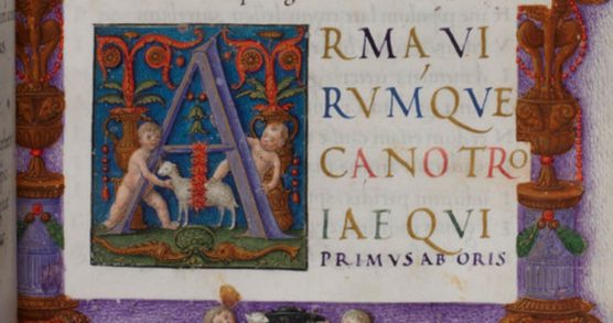 Medieval manuscript showing Latin text and an ornate illustration of the letter A.