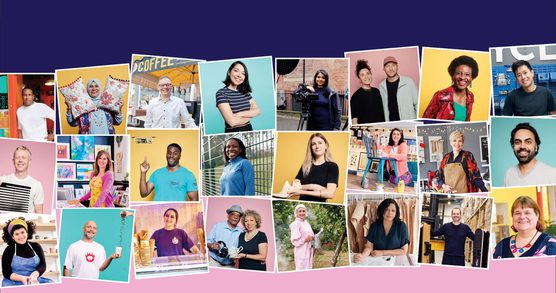 A collage of people at a variety of work places and a studio environments, posing with their products.