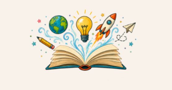 An open book with a lightbulb, a pencil, the globe, a paper aeroplane and a rocket coming out of it.