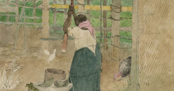 A watercolour and grey ink depiction of an African-Jamaican woman pounding cassava with a large, wooden pestle and mortar.