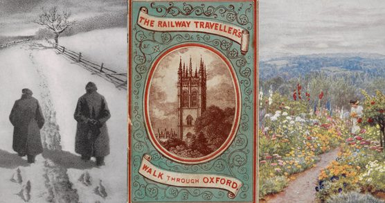 Three images from the British Library archive. The first is an illustration of two people walking in the snow, the second is the cover of a book till "The Railway Traveller's Walk Through Oxford and the third is of the person on a path gathering flowers.
