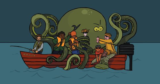 cartoon illustration of 7 band members in a boat being attacked by a large green octopus
