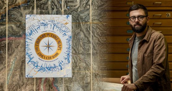 Photograph of James Cheshire alongside an image of his book cover