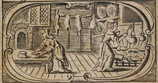 Image from 1685 depicting women working in a large kitchen