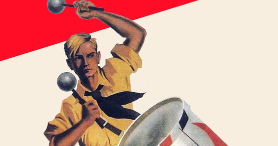 Illustration showing a blonde drummer boy in Hitler Youth uniform