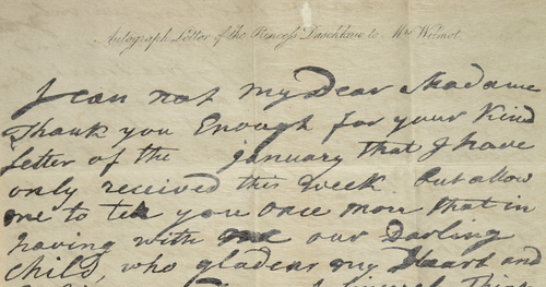 Handwriting on paper. Close-up crop of letter from Princess Ekaterina Dashkova to the Wilmot Sisters.