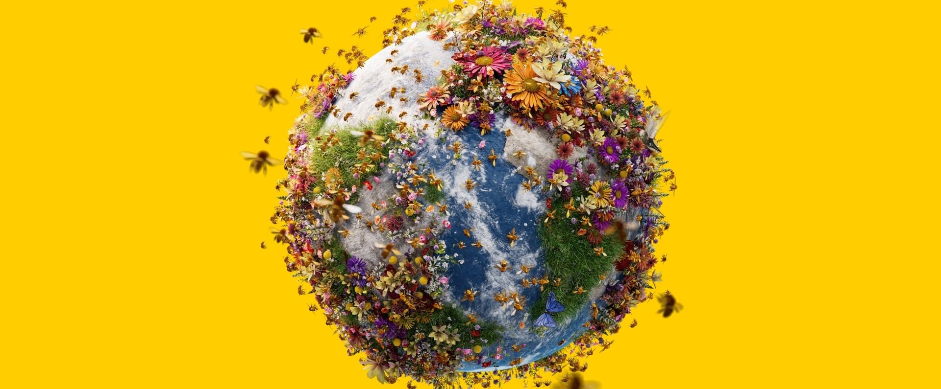 bee wild film poster, planet earth covered in bees on a yellow background