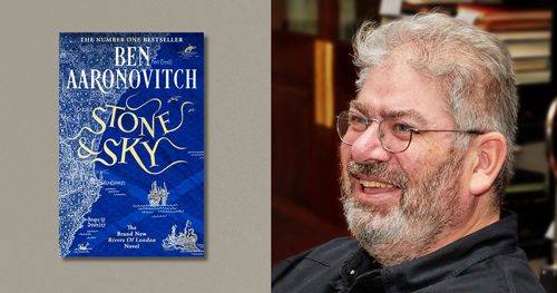 Photo of Ben Aaronovitch at a Future Worlds Award event alongside an image of his book cover