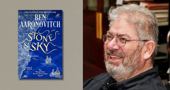 Photo of Ben Aaronovitch at a Future Worlds Award event alongside an image of his book cover