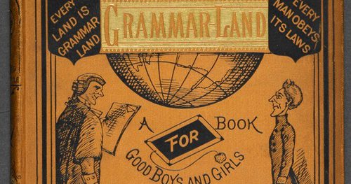 A drawing of a teacher and pupil beneath the caption 'GrammarLand'