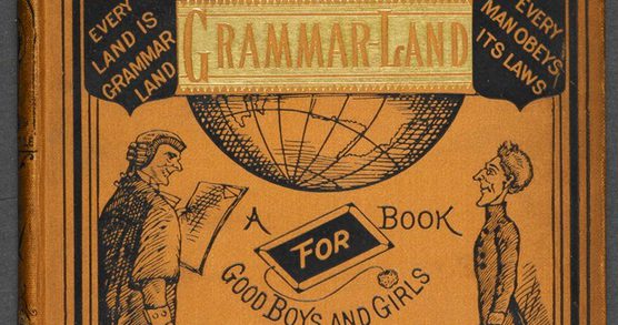 A drawing of a teacher and pupil beneath the caption 'GrammarLand'