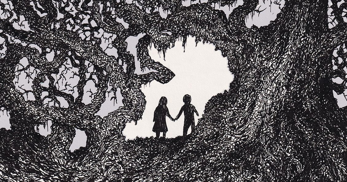 Illustration of the silhouettes of two children holding hands in woodland