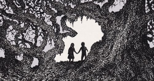 Illustration of the silhouettes of two children holding hands in woodland