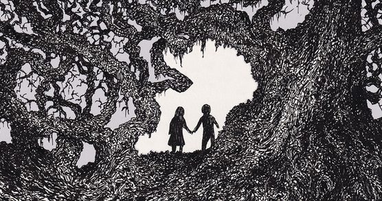 Illustration of the silhouettes of two children holding hands in woodland