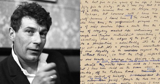 Photo of John Berger and a detail of a handwritten manuscript