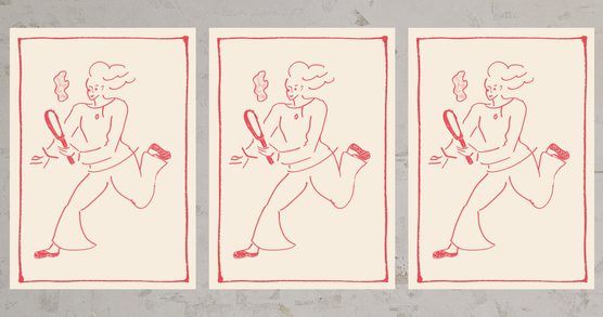 Graphic image of a woman running while tossing a pancake