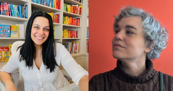 Two portriats collages together. On the left, a woman with dark, long hair, smiling broadly and sat in front of a bookcase full of colourful books. On the right, a person with short, grey curly hair looking to the side, stood in front of a bright orange backdrop.