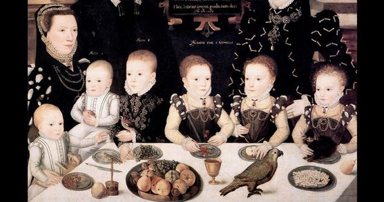 Painting of a Tudor family at a table with food