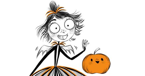 An illustration of a happy looking girl with fangs and wings stood next to an orange pumpkin with a face