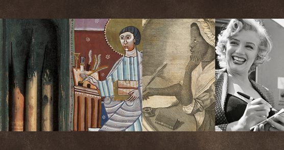From left to right: photo of Ancient Greek reed Pen, image from the Cologne Gospels, drawing of Phillis Wheatley, black and white photo of Marilyn Monroe