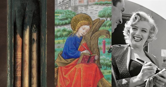 Three images from left to right: Ancient Greek reed pens in a box, an image of an angel with a quill from a medieval manuscript and a black and white image of Marilyn Monroe signing an autograph.