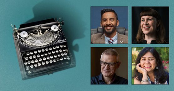 image shows speaker profiles and a Agatha Christie's typewriter