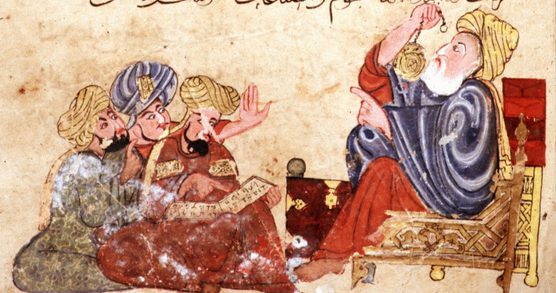 An Arabic manuscript illustration showing an elder man seated on a chair, holding a mechanism for measuring the position of the stars. Three male students sit on the floor at his feet, one looking at a text.