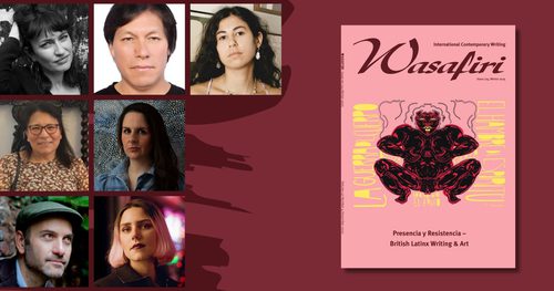 Red background, right a moasic of 6 portraits of people speaking at the event, right the pink cover of Wasafiri magazine.