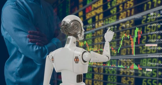 Businessman working with data charts with AI Robot represents use of artificial intelligence in trading investing