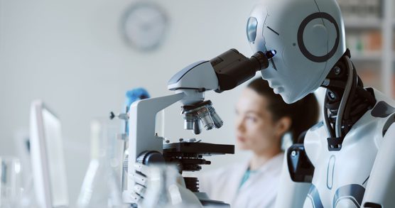 Female scientist and AI robot working together in the science lab.