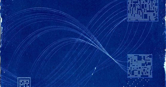 Visualisation of web archive metadata, shown as a dark blue background with white grids and connected lines