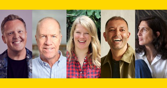 Head shots of the speakers: Olly Smith, Orlando Murrin, Felicity Cloake, Gurdeep Loyal and Catherine Kurtz.