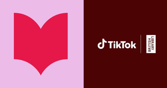 A symbol of a open book, in red, on a pink background. The logos to the left read TikTok and British Library