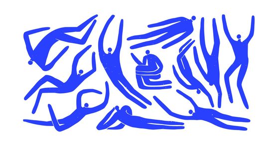Image of moving abstract bodies, blue bodies on a white background