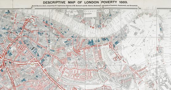 Map from 1889 of Southwark, parts of Lambeth, Camberwell and Greenwich in London, by Charles Booth showing areas of poverty