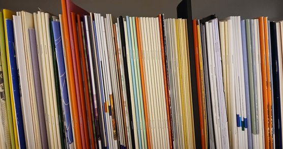 A row of poetry pamphlets on a shelf