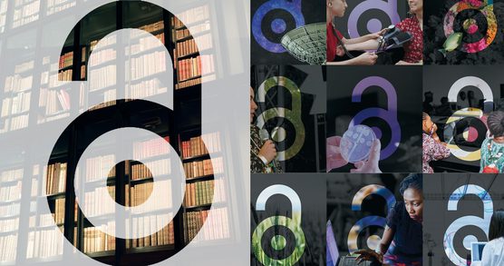 Kings Library with an open padlock icon overlaid. A grid of nine open padlock icons overlaid on images of people conducting research.