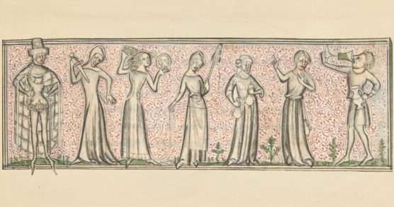 Seven figures depicting the Seven Deadly Sins from the Testament of Jean de Meun, in the British Library collection.