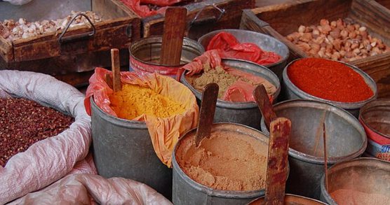 Metal tubs of spices