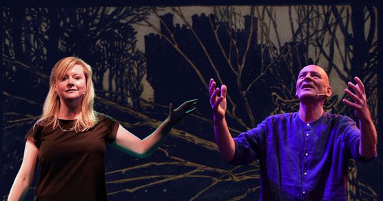 Photos of Ben Haggarty and Sarah Liisa Wilkinson against a dark Gothic background