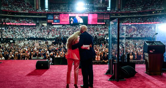 President Donald Trump takes the stage with Erika Kirk at the Memorial Service for Charlie Kirk at State Farm Stadium in Glendale, Arizona, Sunday, September 21, 2025.