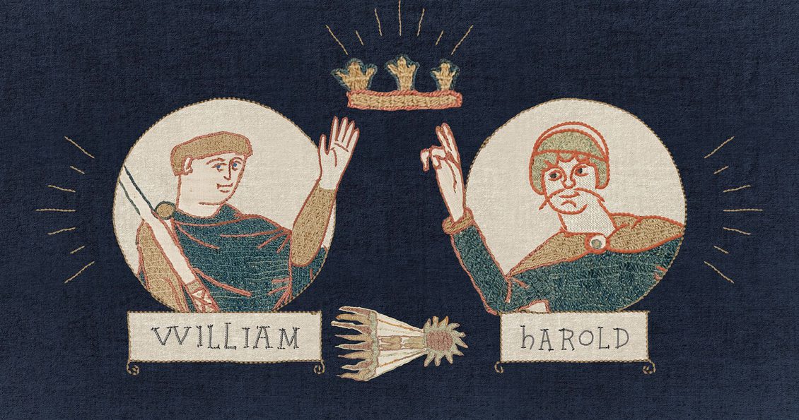 Embroidery showing two figures reaching for a crown. Text under one figure reads Harold, and the other reads William