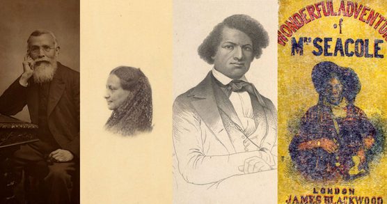 Portraits of three figures in black and white, and a fourth against a yellow back drop with text above reading Wonderful Adventures of Mary Seacole