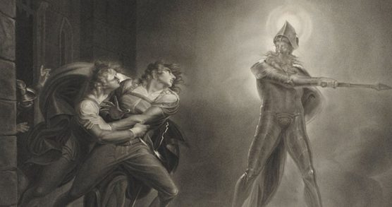 Grayscale illustration depicting a scene from Shakespeare's Hamlet.