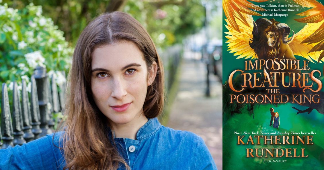 Author Katherine Rundell next to the cover of her book, Impossible Creatures The Poisoned King which shows a green and yellow illustration of a winged lion with horns.