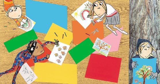 Illustration of four children drawing and holding pictures of trees, rainbows and hands. The children are against a collage-style backdrop of colourful paper shapes, a wood-grain effect floor and a strip that looks like the bark of a tree