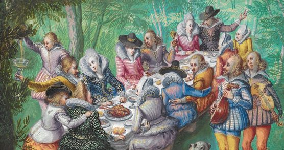 A colourful illustration depicting a lively Elizabethan dinner party. 13 men and women are seated around a long table with plates of food. They are outdoors, surrounded by trees. Another man is pouring them drinks while two other play instruments nearby,
