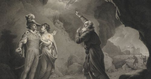 A grayscale illustration depicting a scene from Shakespeare's The Tempest.
