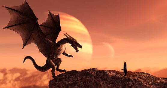 A large dragon, with its wings spread, stood in a rocky landscape and facing a human